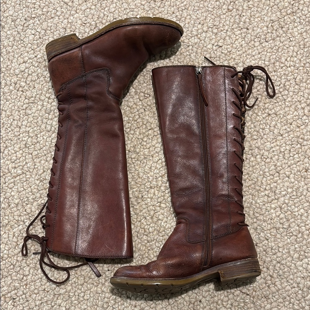 Soft Cognac Brown Leather Lace Up Knee-High Boots